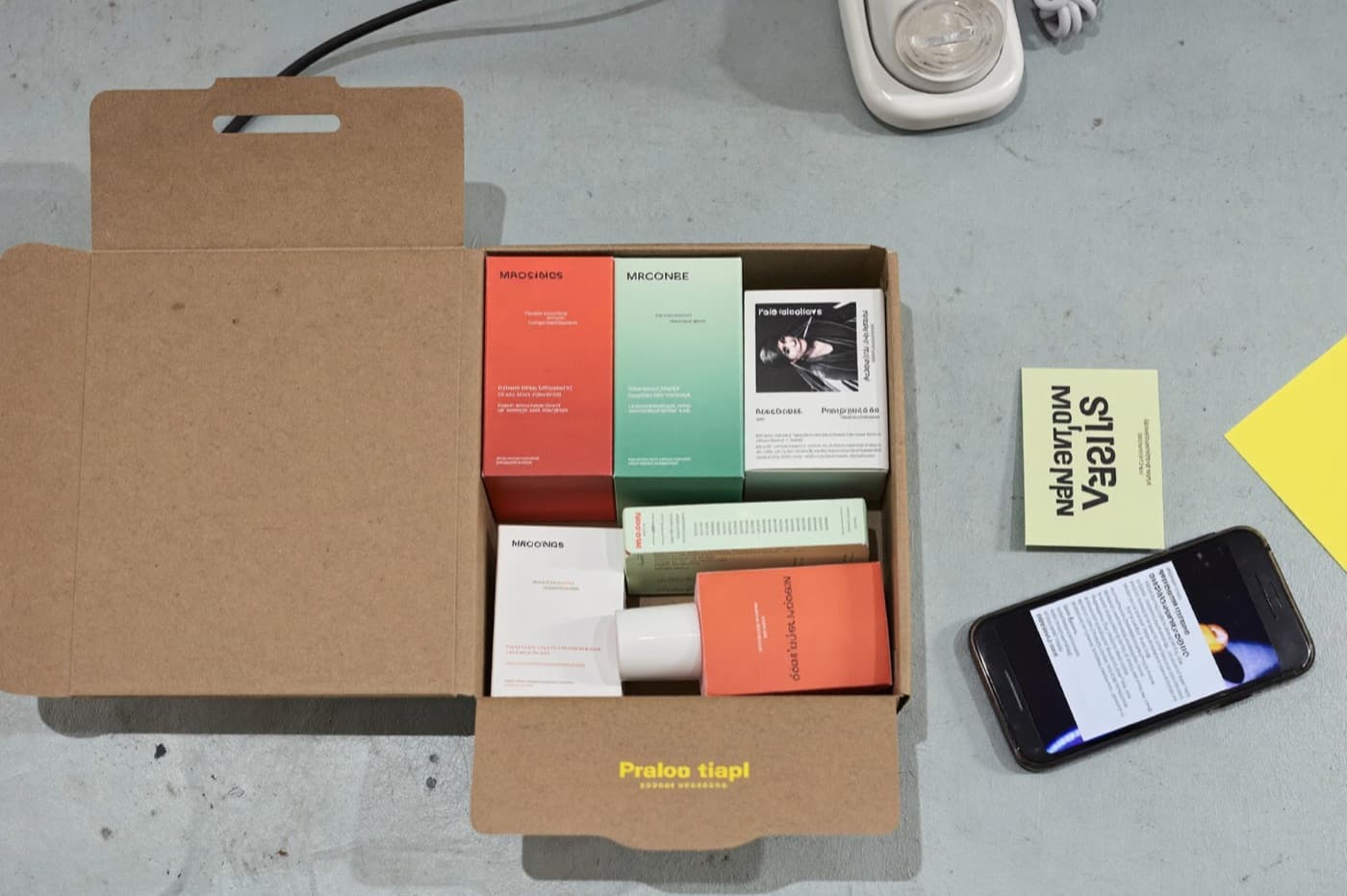 a creator's desk with a brand's product mailer opened